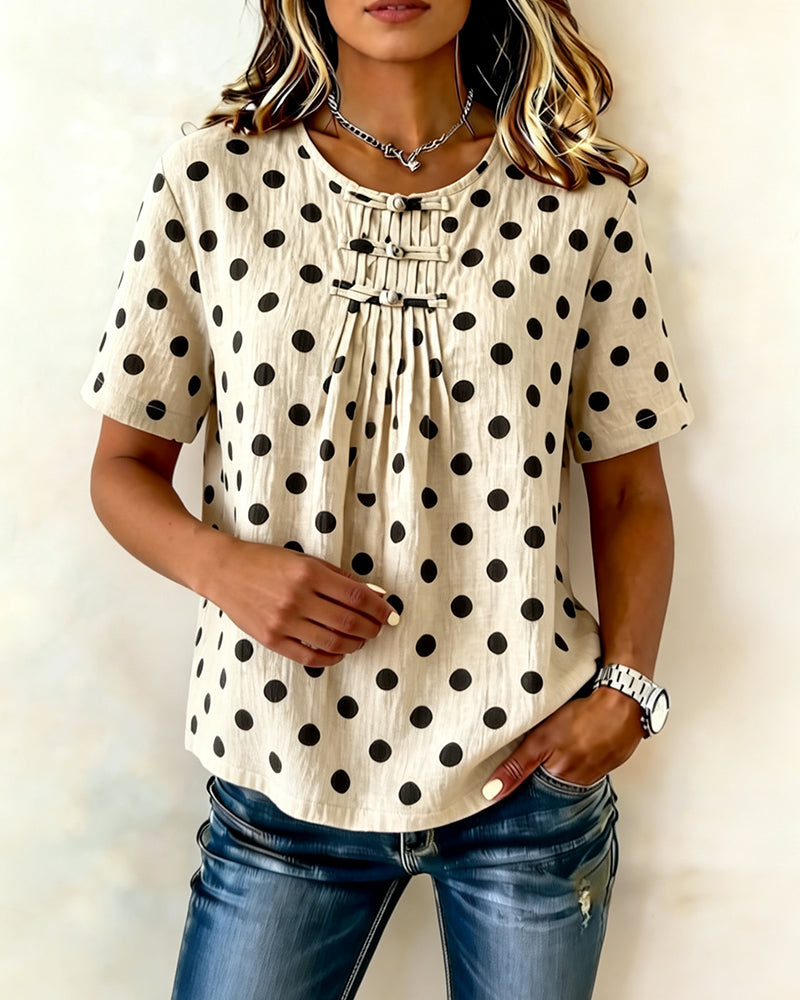 Blouse Polka Dot Bouton Grenouille Manche Courte