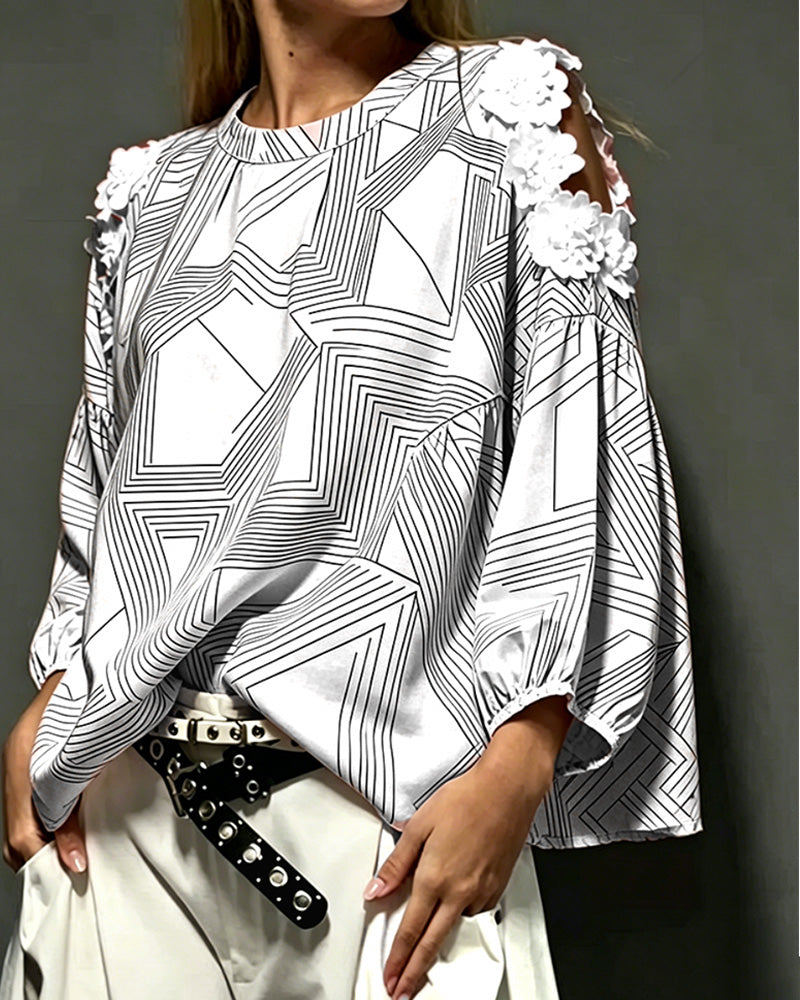 Blouse Col Rond Hors Épaule Géométrique Lâche