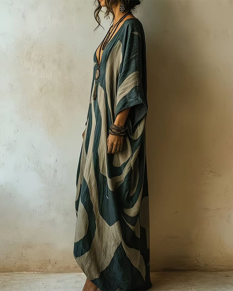 Robe Profond V Abstrait Vague Print
