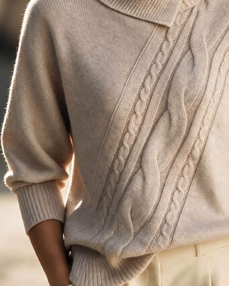 Pull Diagonal Tresse Col Roulé Boutonné