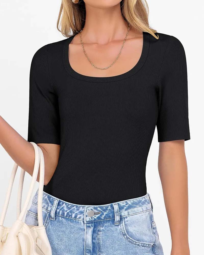 T-Shirt Ajusté Col En U Manches Mi-Longues
