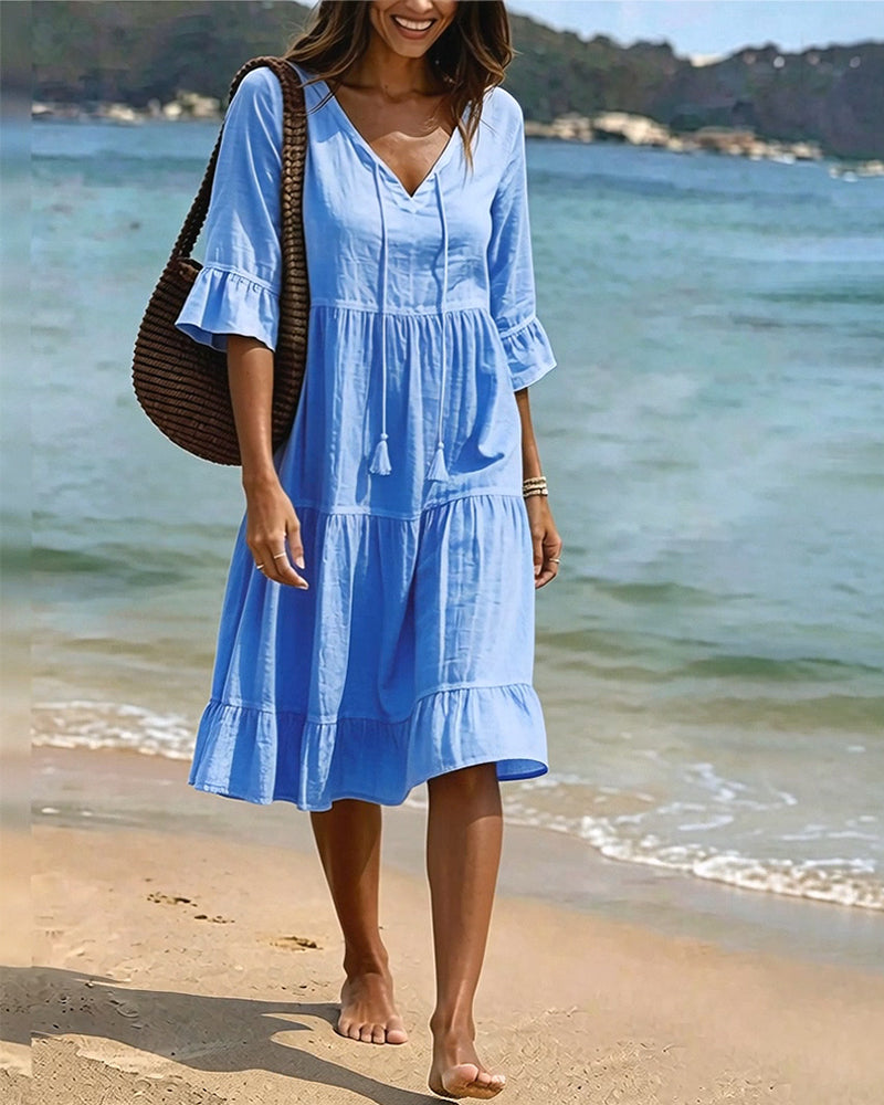 Robe Évasée Demi-Manche Nœud À La Taille