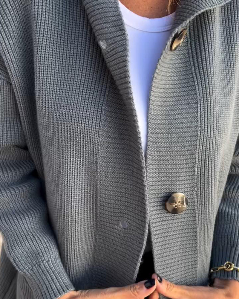 Cardigan décontracté à capuche avec poche boutonnée de couleur unie