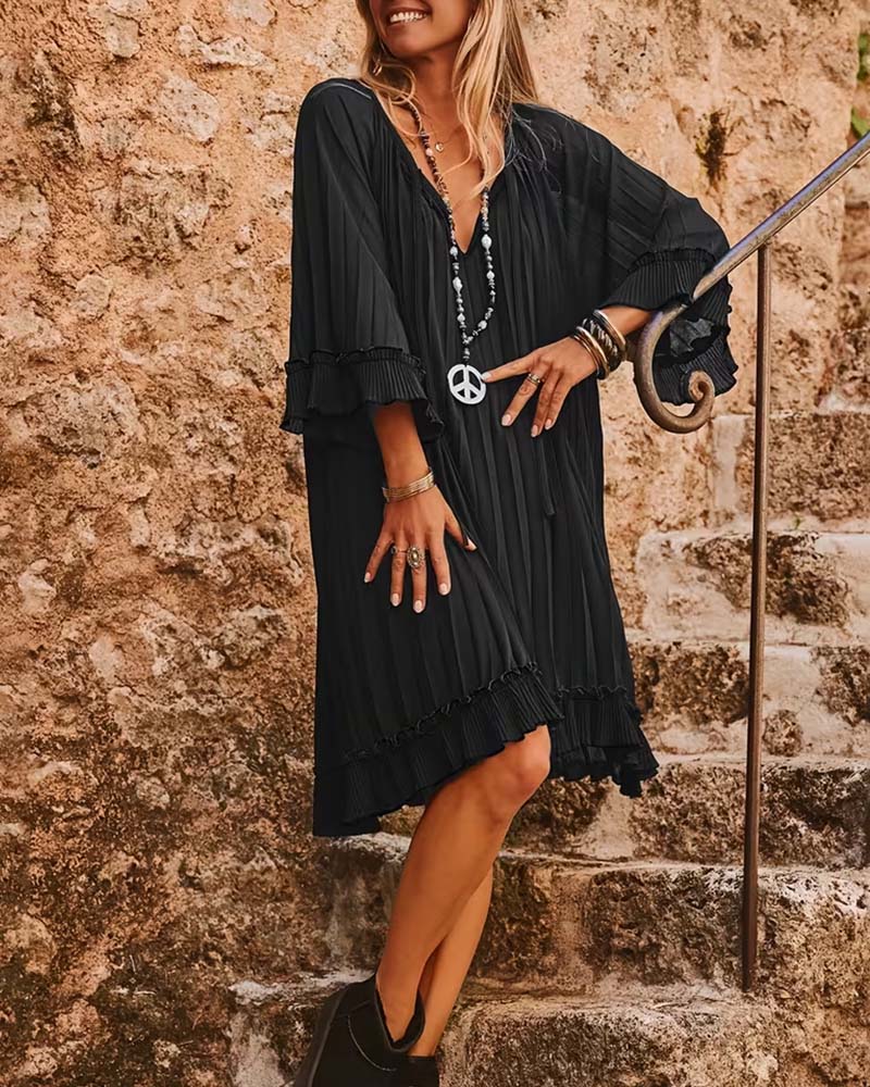 Robe À Col V Avec Volants Et Manches Trois-Quarts