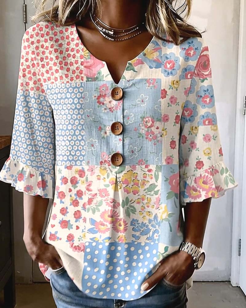 Blouse Manches Courtes Imprimé Floral Patchwork