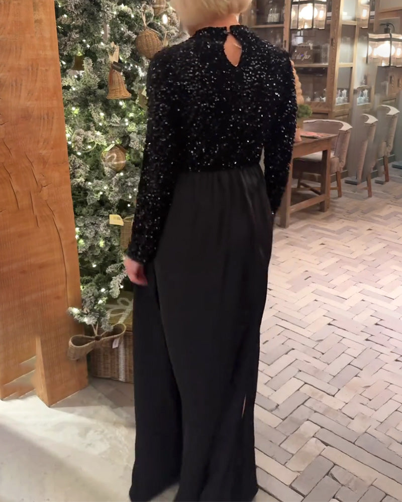 Robe Élégant Paillettes Patchwork Longueur Sol