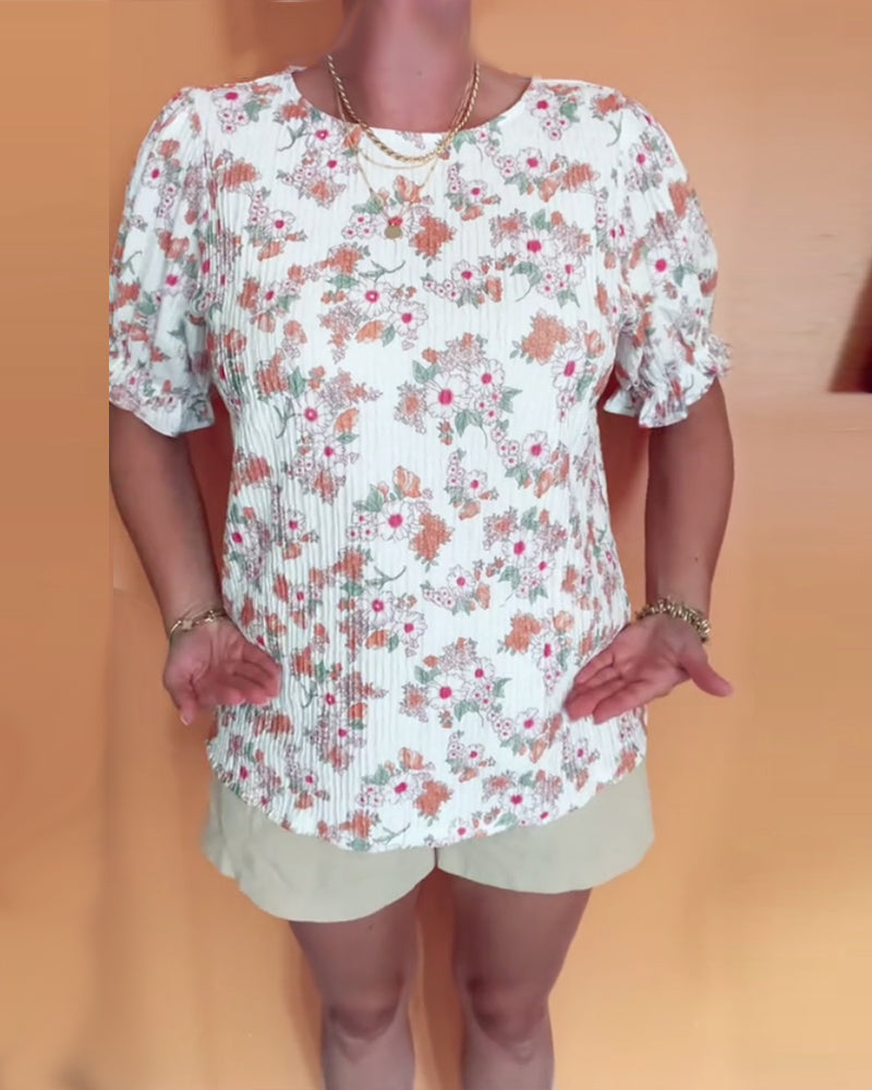 Blouse Col Rond Fleuri Manche Courte