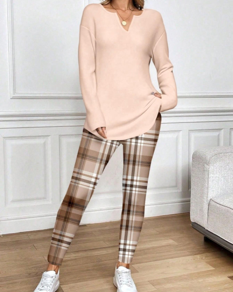 Ensemble Col V Haut Unie + Pantalon Carreau Loungewear