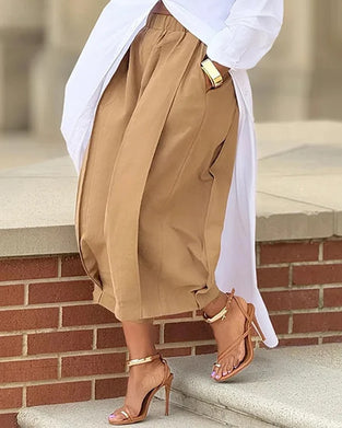 Pantalon Uni Taille Élastique Ourlet Tulipe Cropped