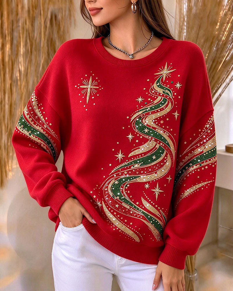 Sweatshirt Sapin De Noël Imprimé Manches Longues Lâche
