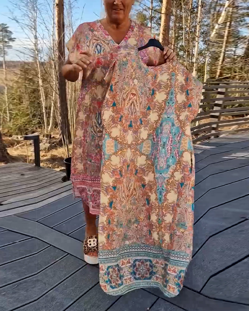 Robe Col En V Manches Courtes Imprimée Droite