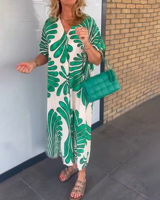 Robe col V imprimé feuilles