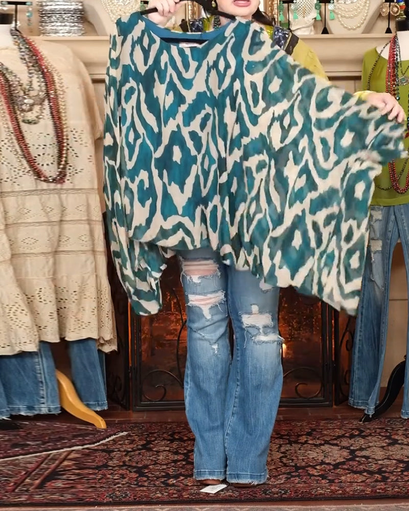 Blouse Manches Chauve-Souris Imprimé Manches Longues