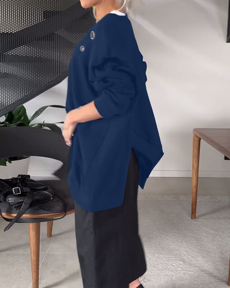 Sweat-shirt décontracté à col rond et fente de couleur unie