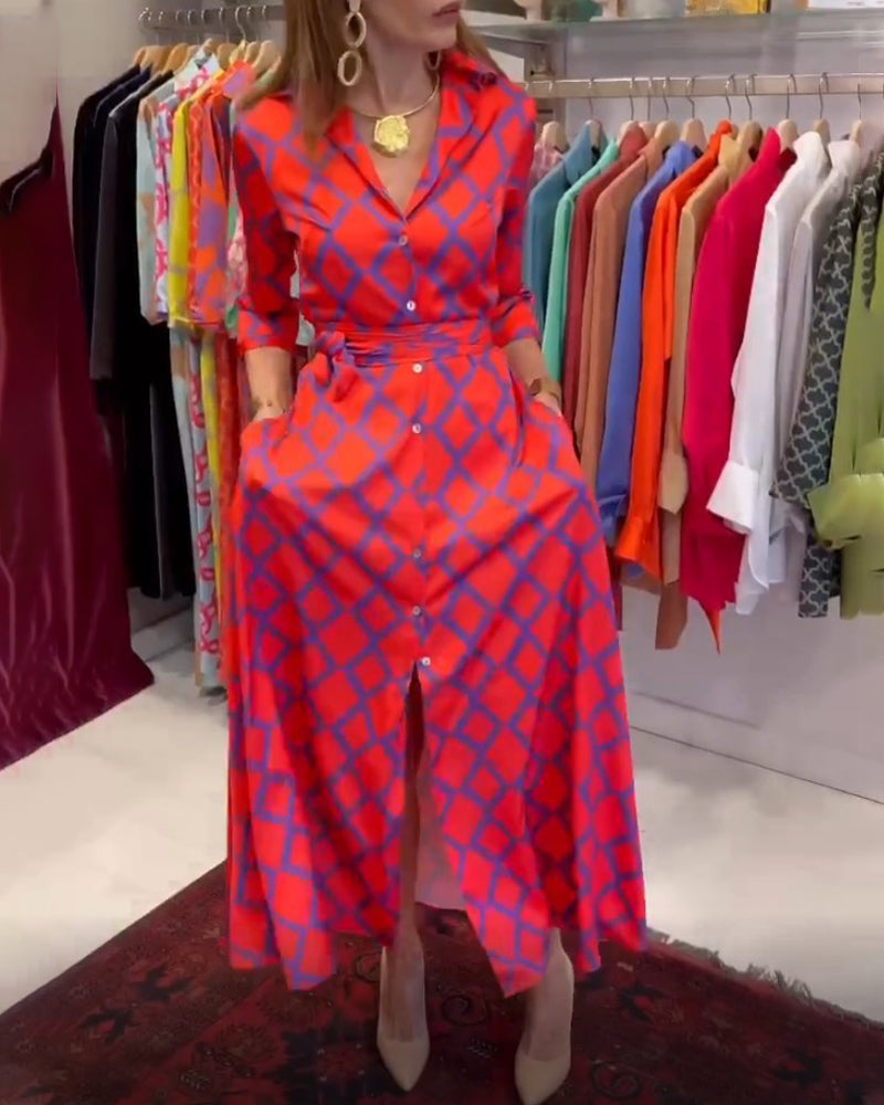 Robe chemise col V manches 3/4