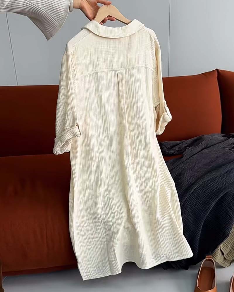 Robe Manches Longues Unie Simple Col Revers