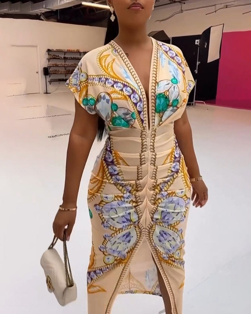 Robe imprimée à taille fendue en V profond