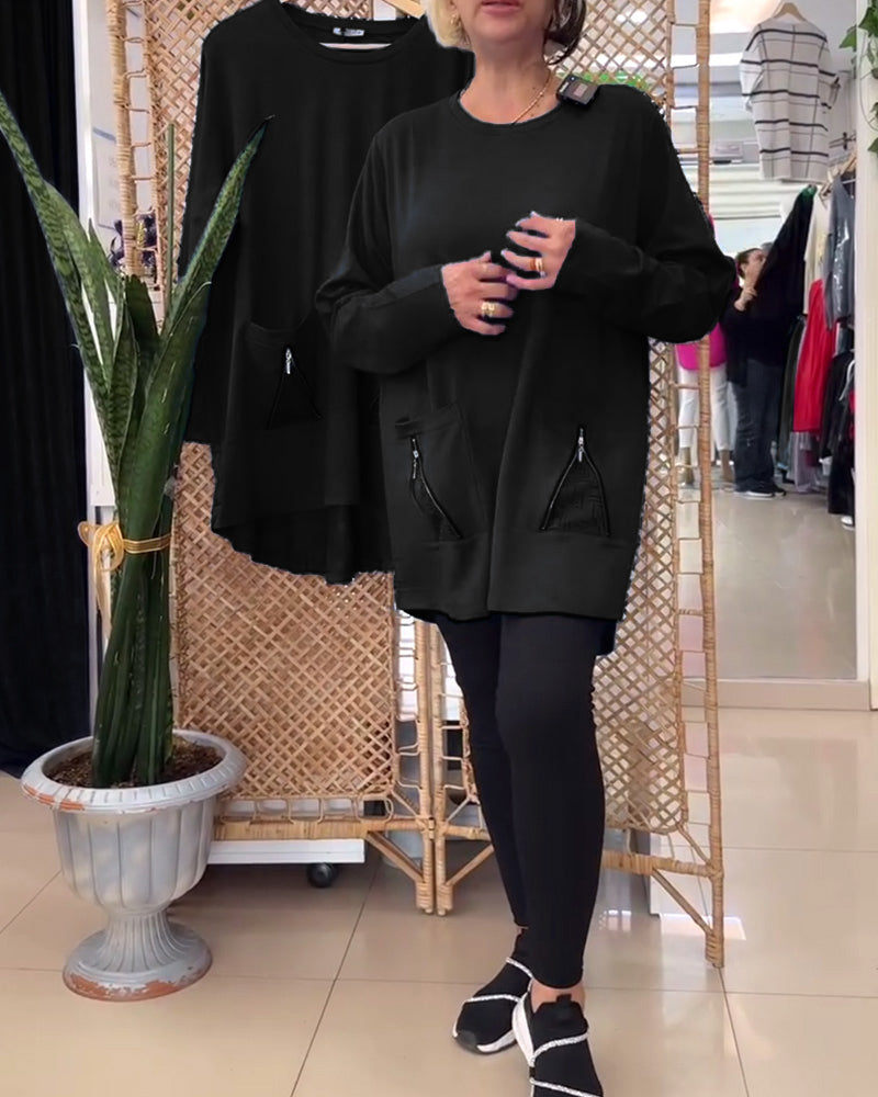 Sweat col rond couleur unie poche zippée