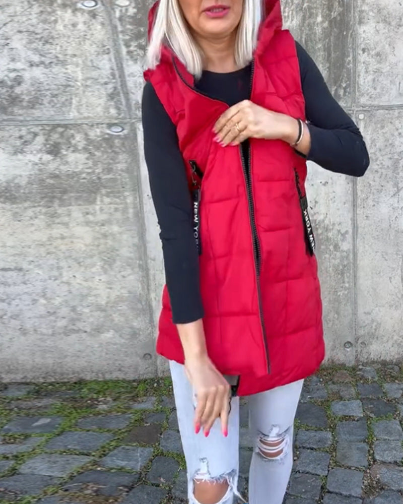 Manteau matelassé sans manches à capuche et fermeture éclair