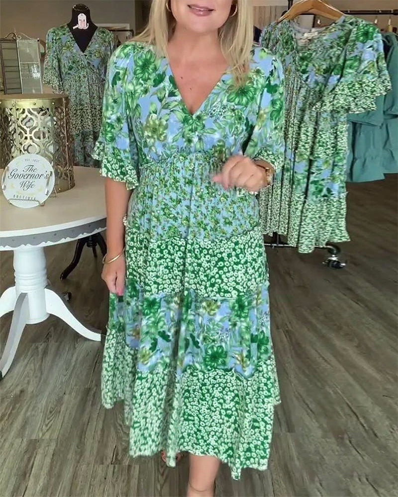 Robe Encolure En V Manche Lotus Fleuri