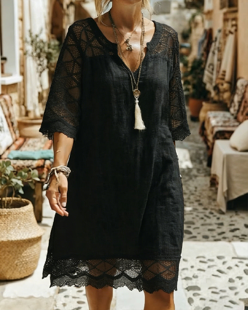 Robe Col V Dentelle Patchwork Décontractée