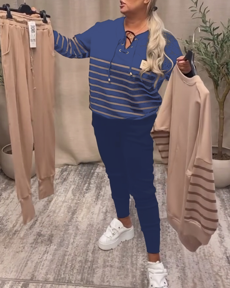 Ensemble Deux Pièces Décontracté Pantalon De Sport Rayé À La Cheville