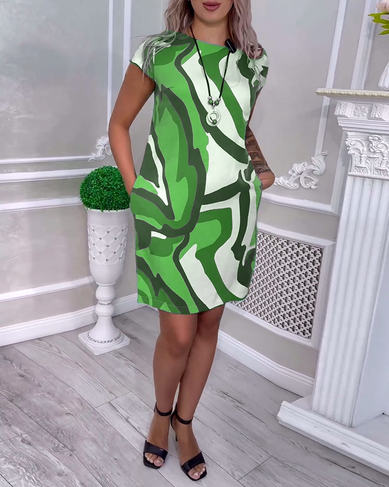 Robe à poches imprimées, col rond et manches raglan