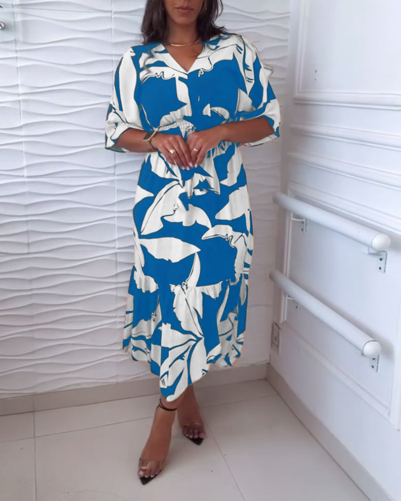 Robe élégante à col en V, manches trois-quarts et cordon de serrage