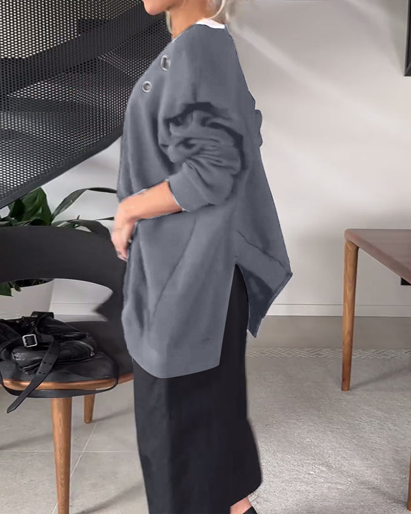 Sweat-shirt décontracté à col rond et fente de couleur unie