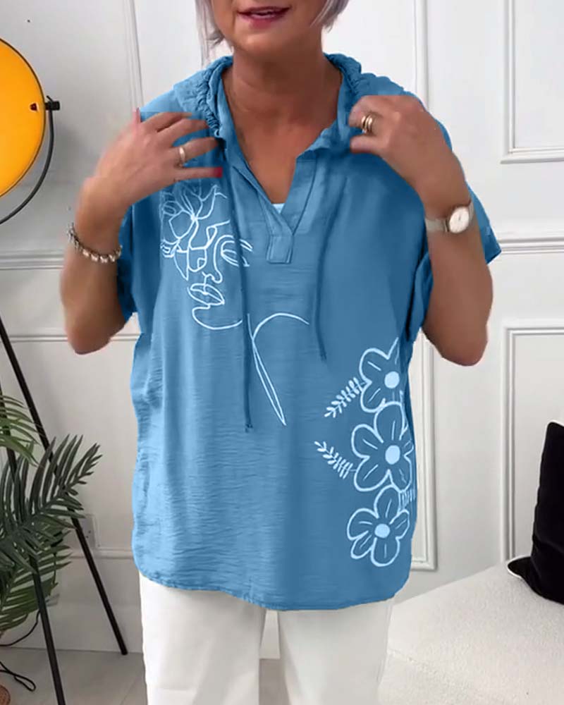 Blouse décontractée à capuche et manches courtes à imprimé floral