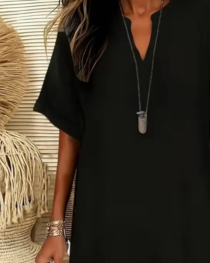 Robe Col En V Manches Courtes Unie Fourreau