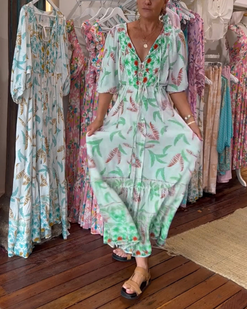 Robe longue femme col V imprimé feuilles