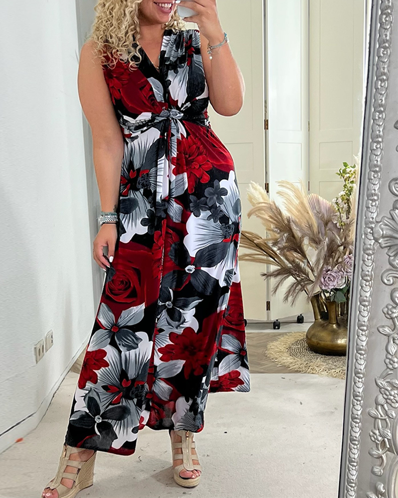 Robe élégante plissée sans manches à imprimé floral