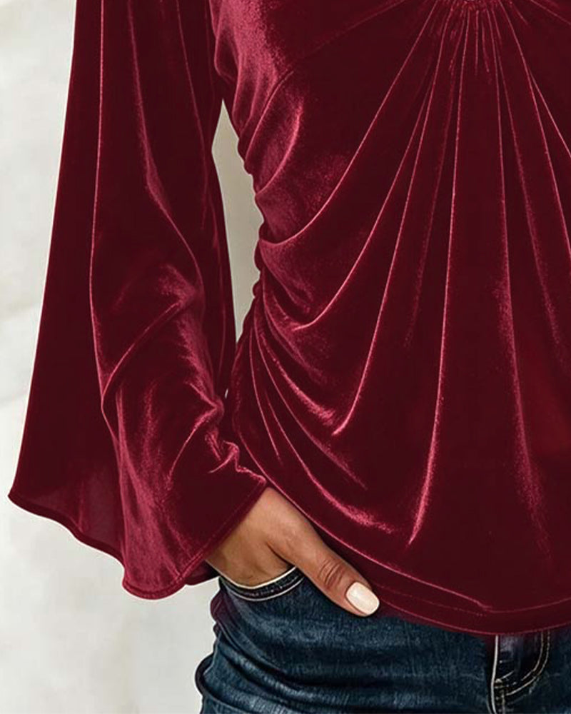 Blouse Velours Col En V O-Ring Twist Manche Cloche