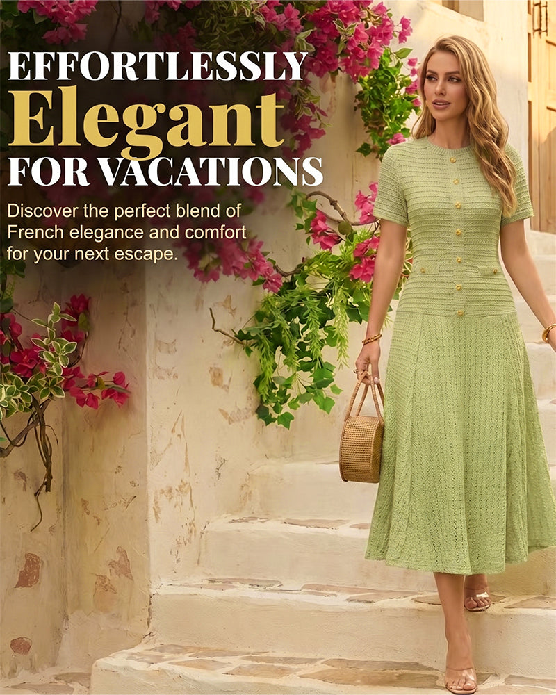 Robe Col Rond Ajustée Bouton Patchwork