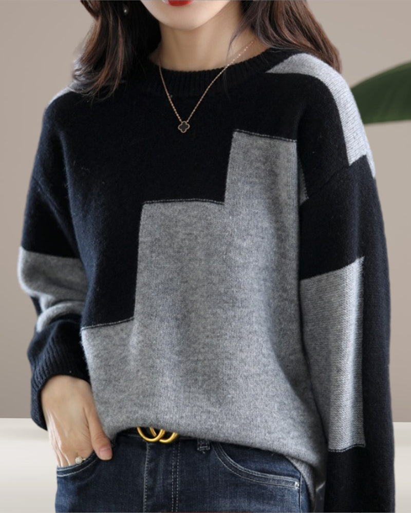 Pull à manches longues de couleur contrastée décontractée