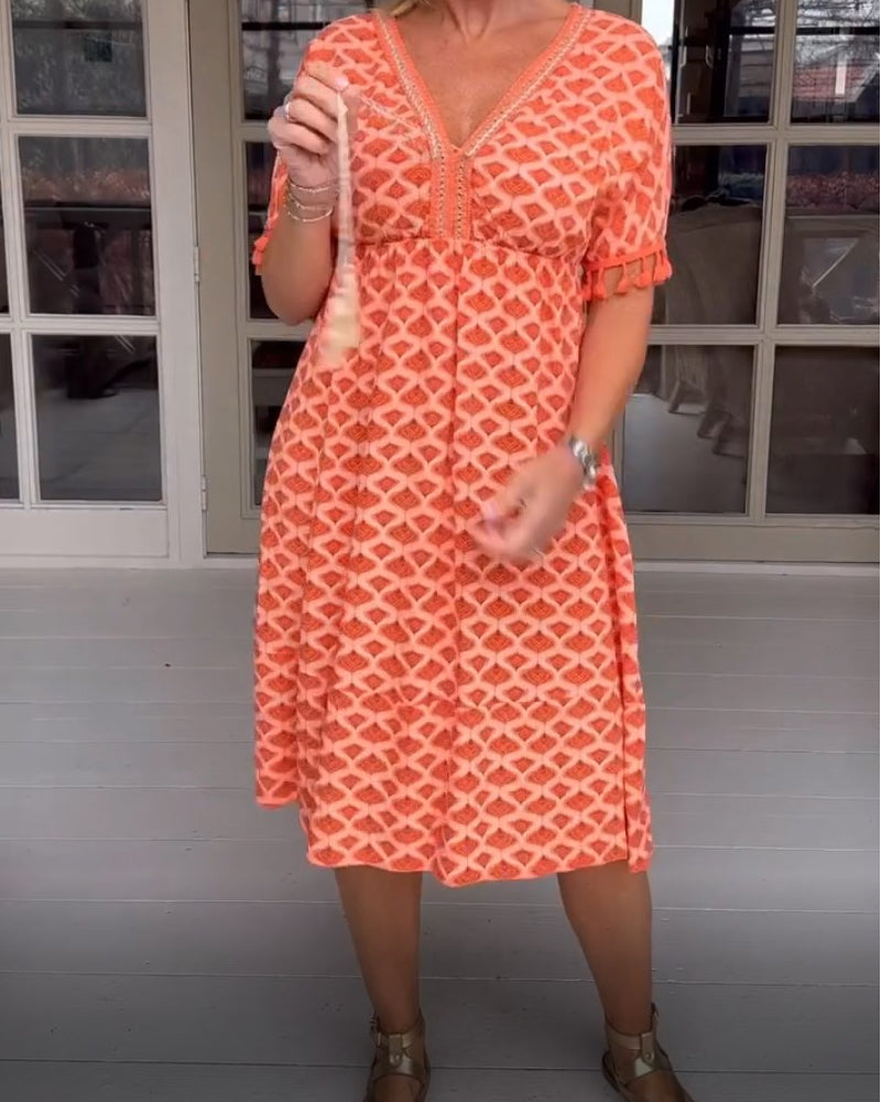 Robe col V imprimée à franges