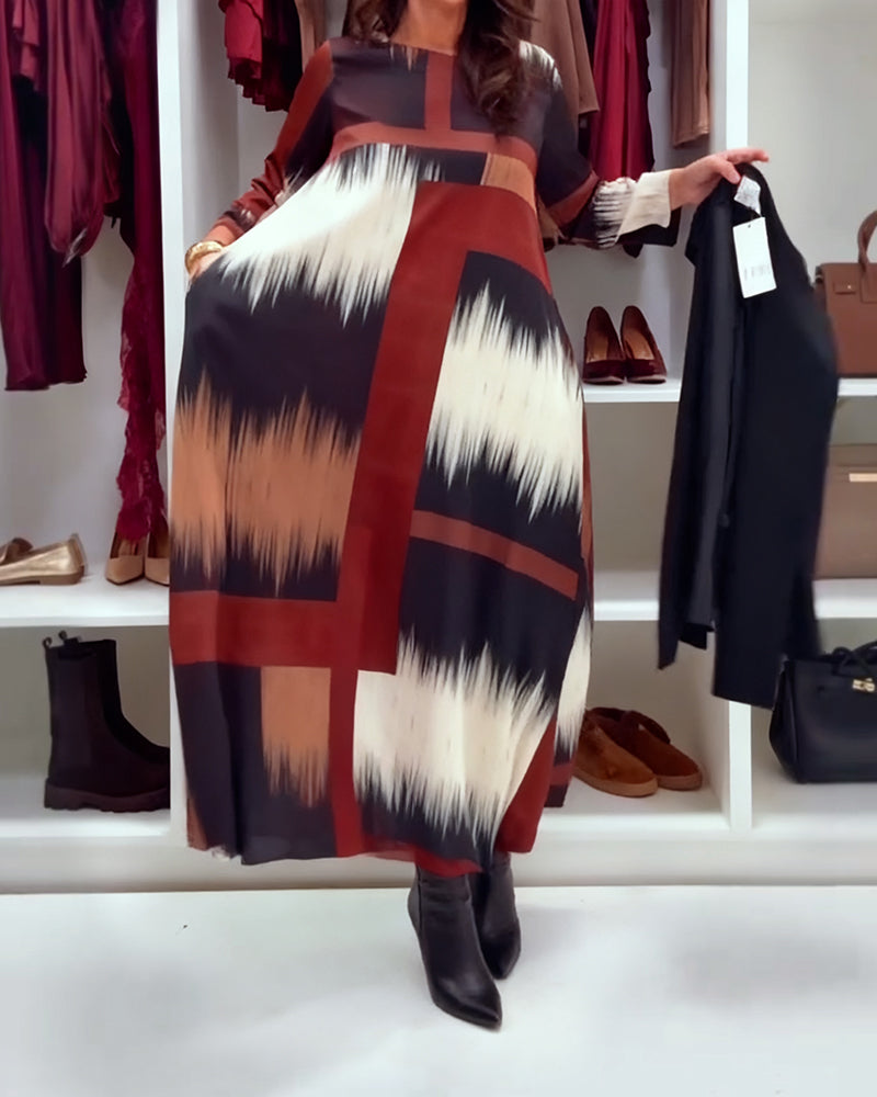 Robe Tendance Imprimée À Col Rond Et Manches Longues