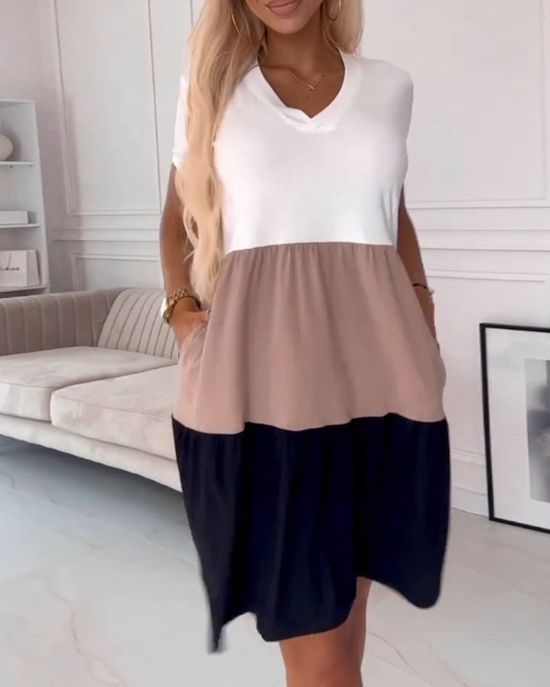 Robe décontractée à manches courtes bloc de couleur