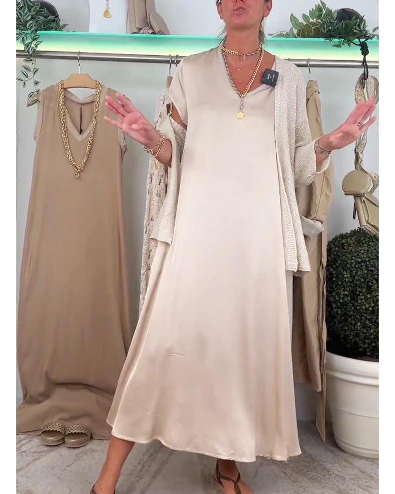 Robe décontractée de couleur unie avec poche et col en V