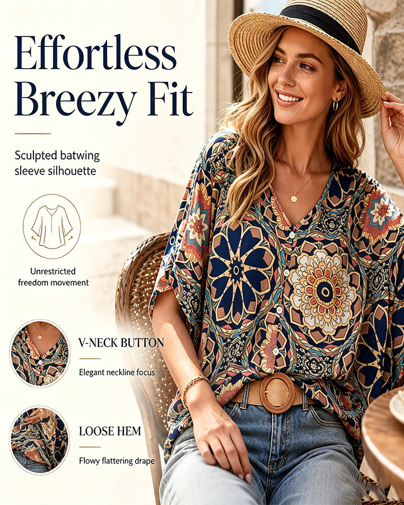 Blouse à demi-manches boutons avec col en V et imprimé rétro