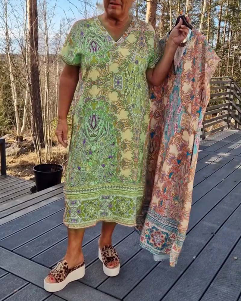 Robe Col En V Manches Courtes Imprimée Droite