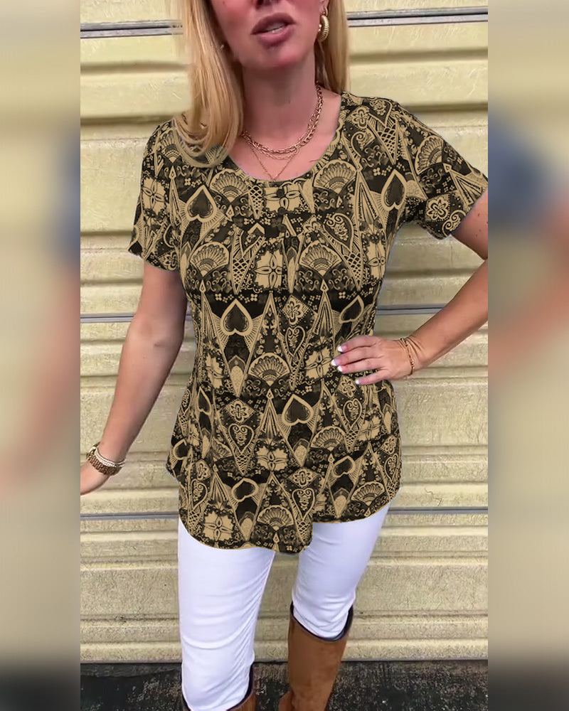 T-shirt décontracté rétro col rond imprimé