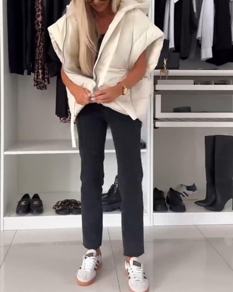 Vestes matelassées à manches courtes avec fermeture éclair et capuche de couleur unie