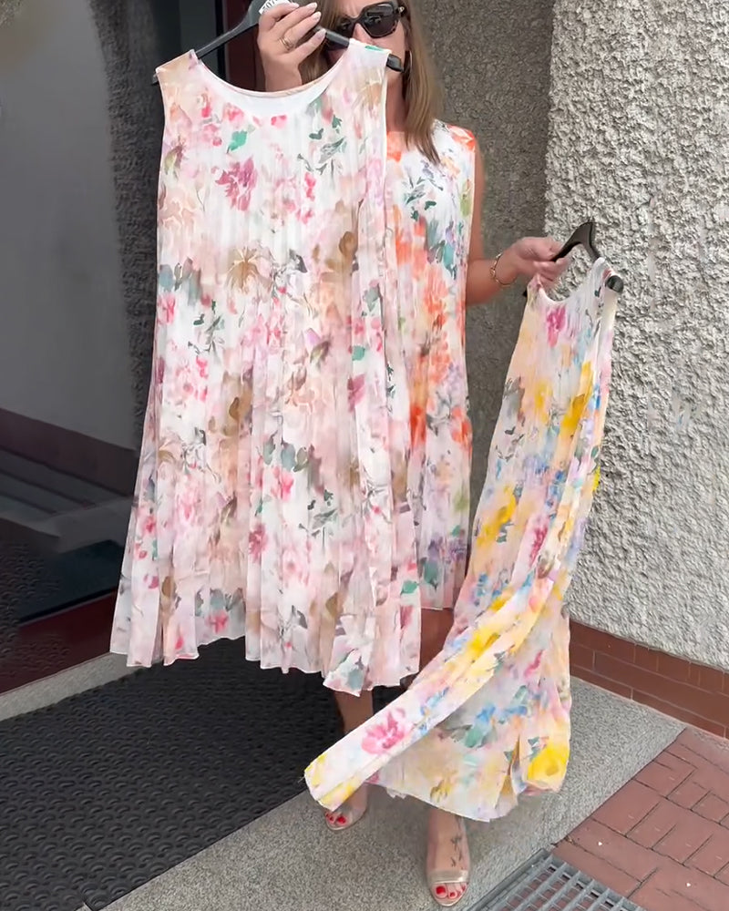 Robe Sans Manches Plissée Fleurie