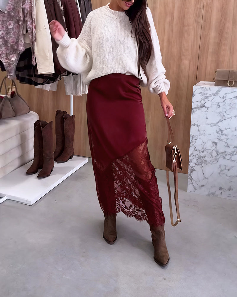 Jupe Élégante En Satin À Empiècements De Dentelle