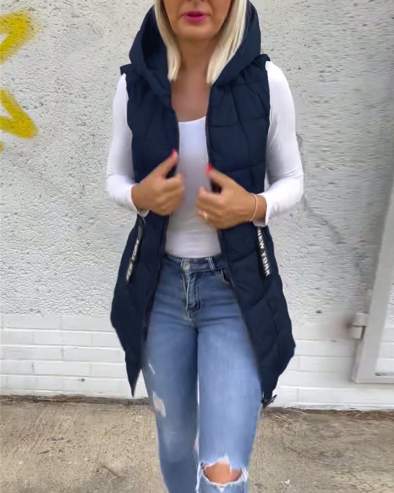 Manteau matelassé sans manches à capuche et fermeture éclair