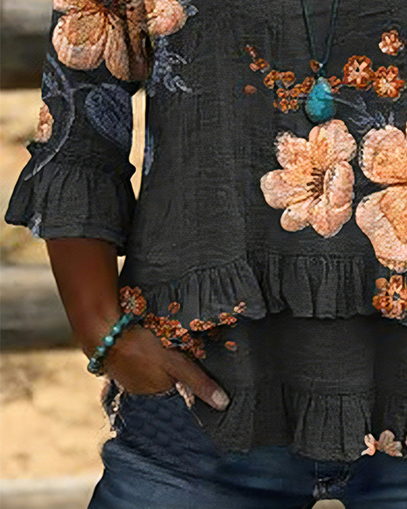 Blouse Col En V Vintage Fleuri Coupe Loose