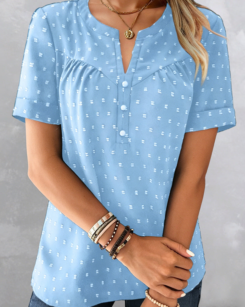 Chemisier Jacquard Col V Demi-Patte Manche Courte