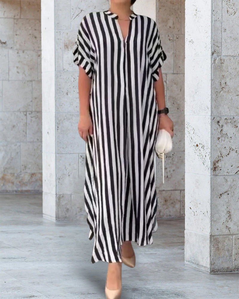 Robe chemise à col en V et imprimé rayé